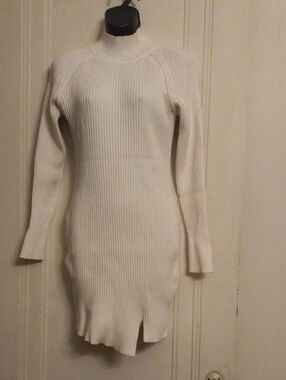 Bardot White Ribbed Knit Turtleneck Long Sleeve Dress